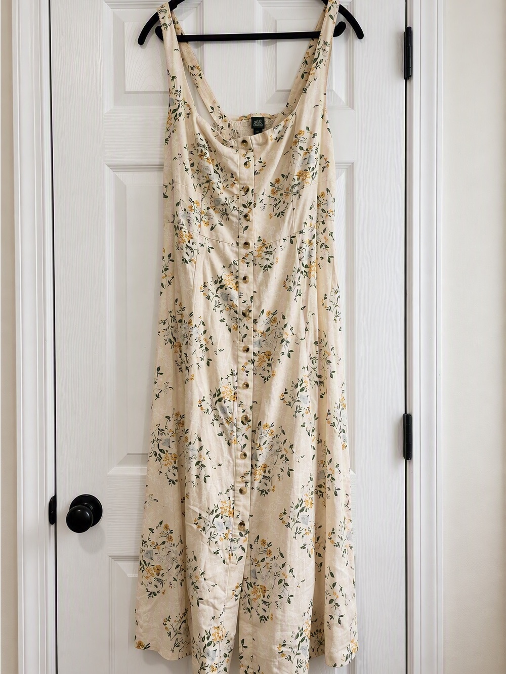 wild fable Cream Floral Button-Front Midi Dress with Yellow & Green Print